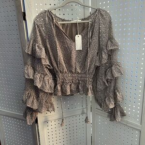 By Together Gray Floral Ruffle Blouse